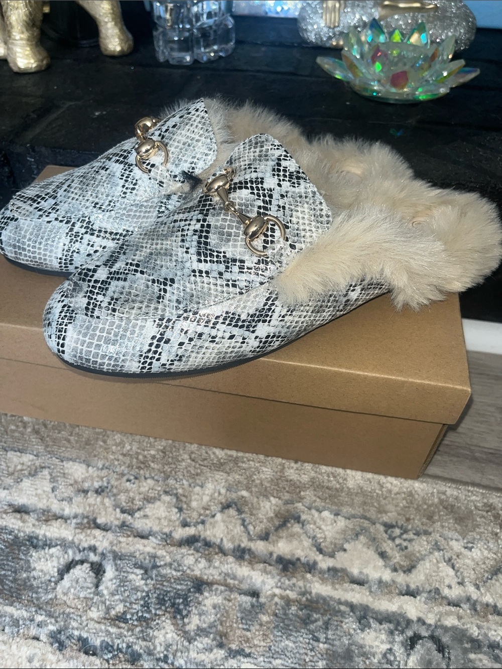 Faux Fur-Lined Snake Print Backless Mules with Gold Bit - Cream/Black